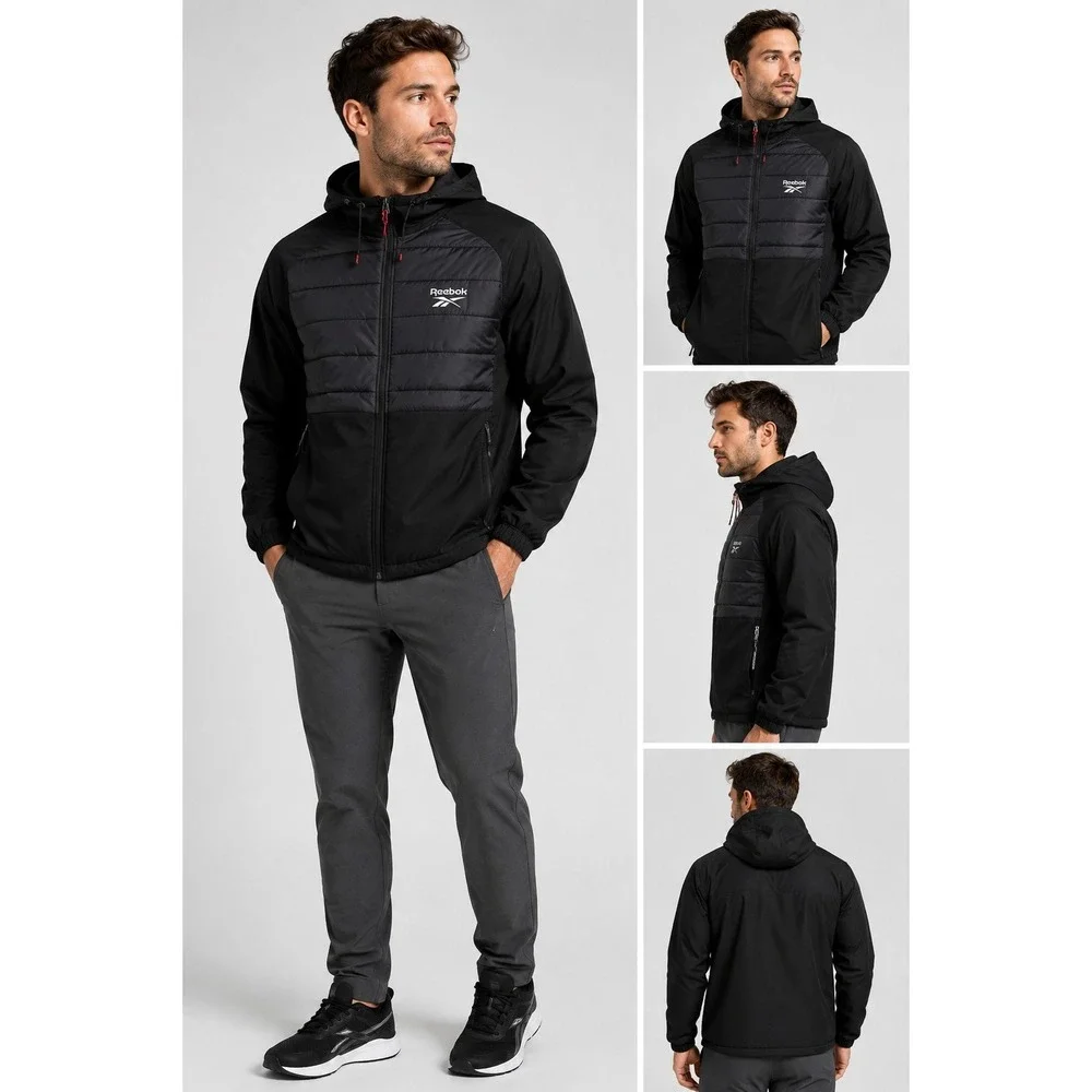 Reebok Men's Hybrid Quilted Softshell Hooded Jacket - Black - Size Medium